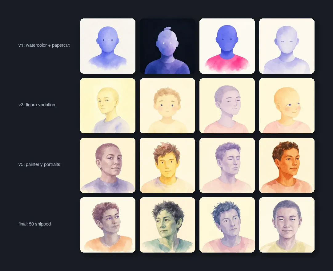 Four rows showing the trajectory from abstract watercolor figures to nearly-photographic portraits.