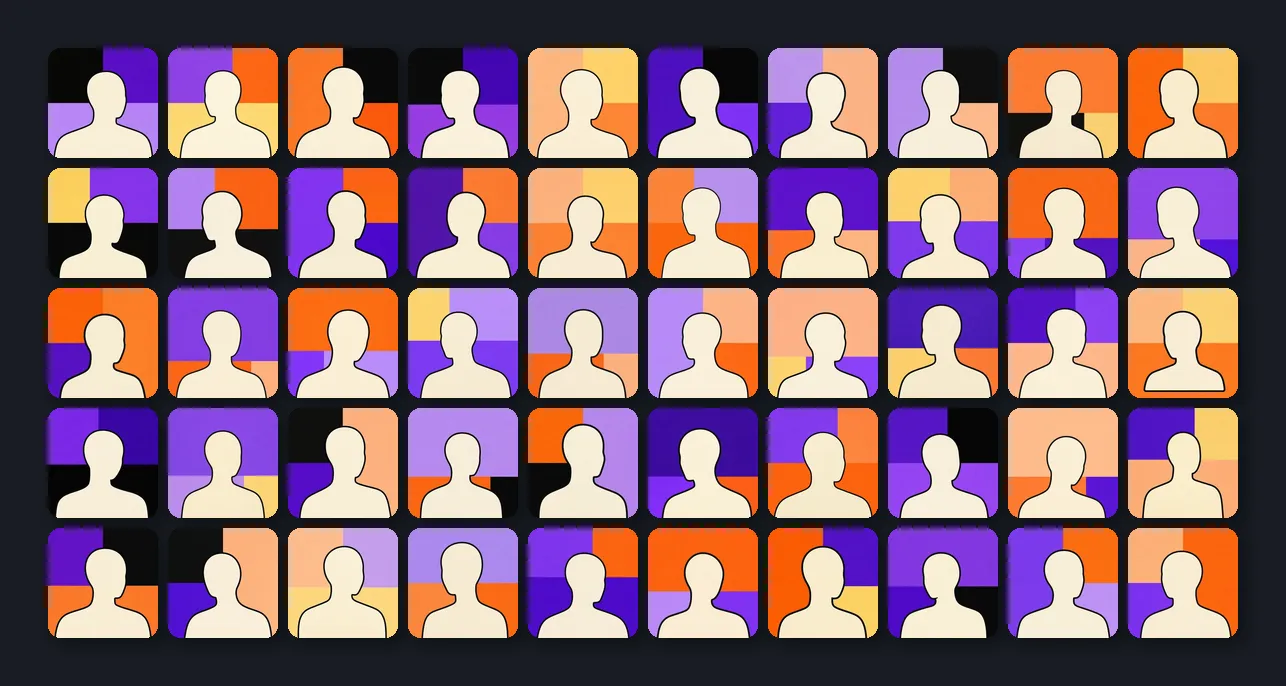 The final 50 production avatars: orthogonal three-region backgrounds, off-white silhouettes with dark outlines, angled poses.
