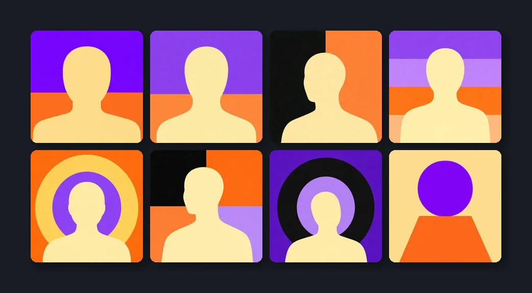 Eight pattern attempts that didn't survive: saturated brand poster, two-tone block, black-and-tangerine, sunset stripes, concentric rings, quadrants, pie-and-rings, Bauhaus primitives.