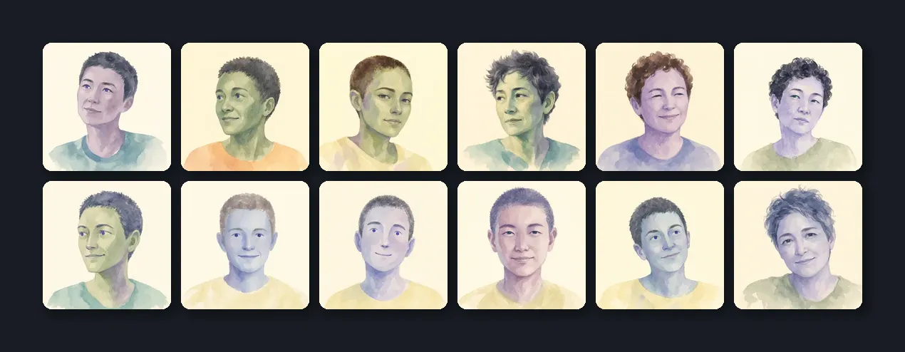Twelve watercolor portrait avatars from the 50-set, with painterly skin tones and varied poses.